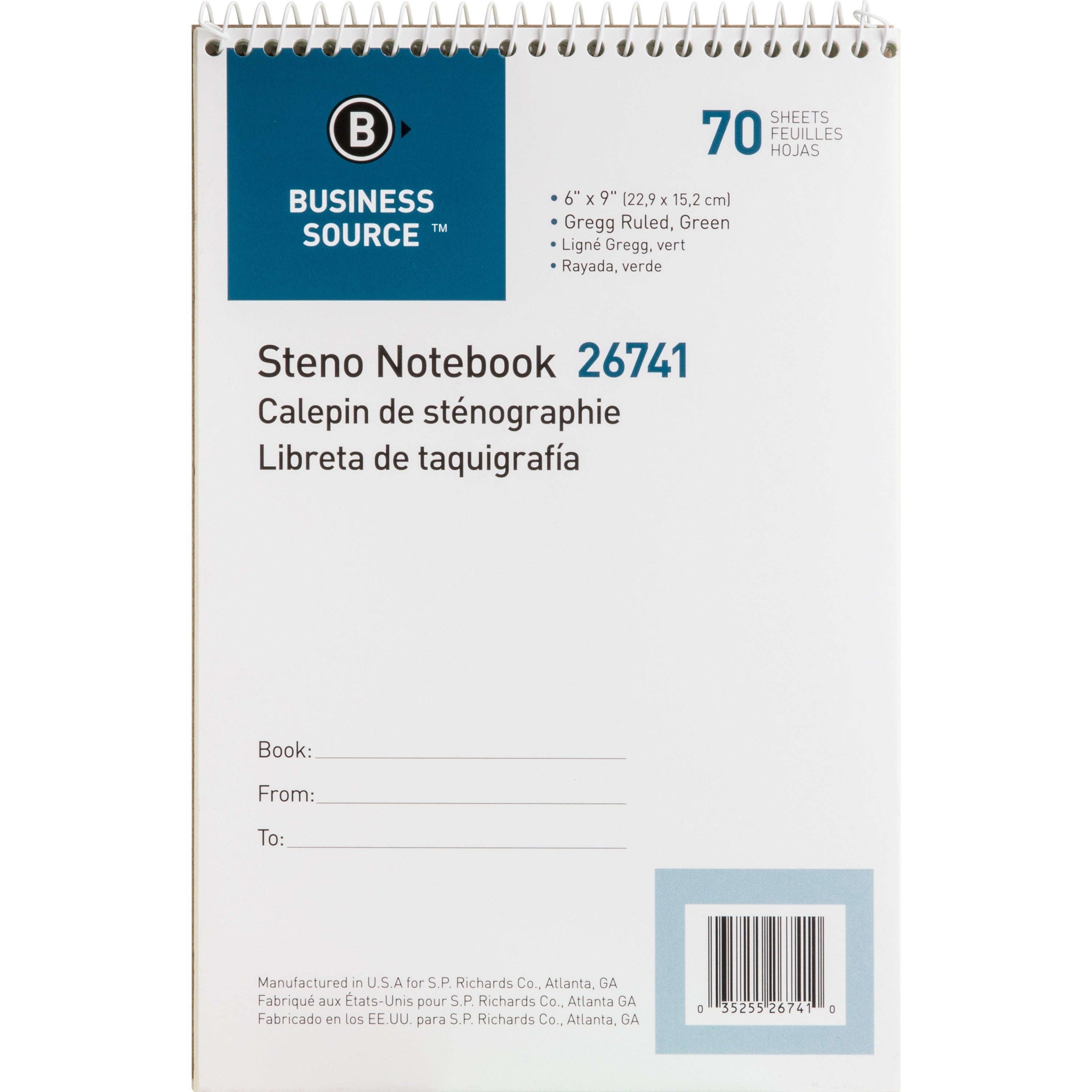 Business Source Steno Notebook - 70 Sheets - Wire Bound - Gregg Ruled Margin - 15 lb Basis Weight - 6" x 9" - Green Paper - Stiff-back - 1 Each - 
