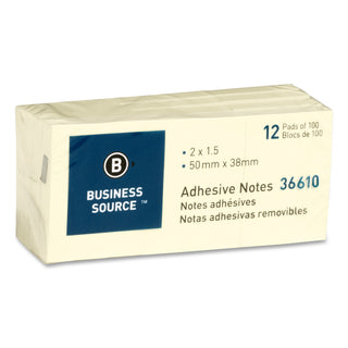 Business Source Yellow Repositionable Adhesive Notes - 1.88" x 1.38" - Rectangle - Yellow - Repositionable, Solvent-free Adhesive - 12 / Pack - 