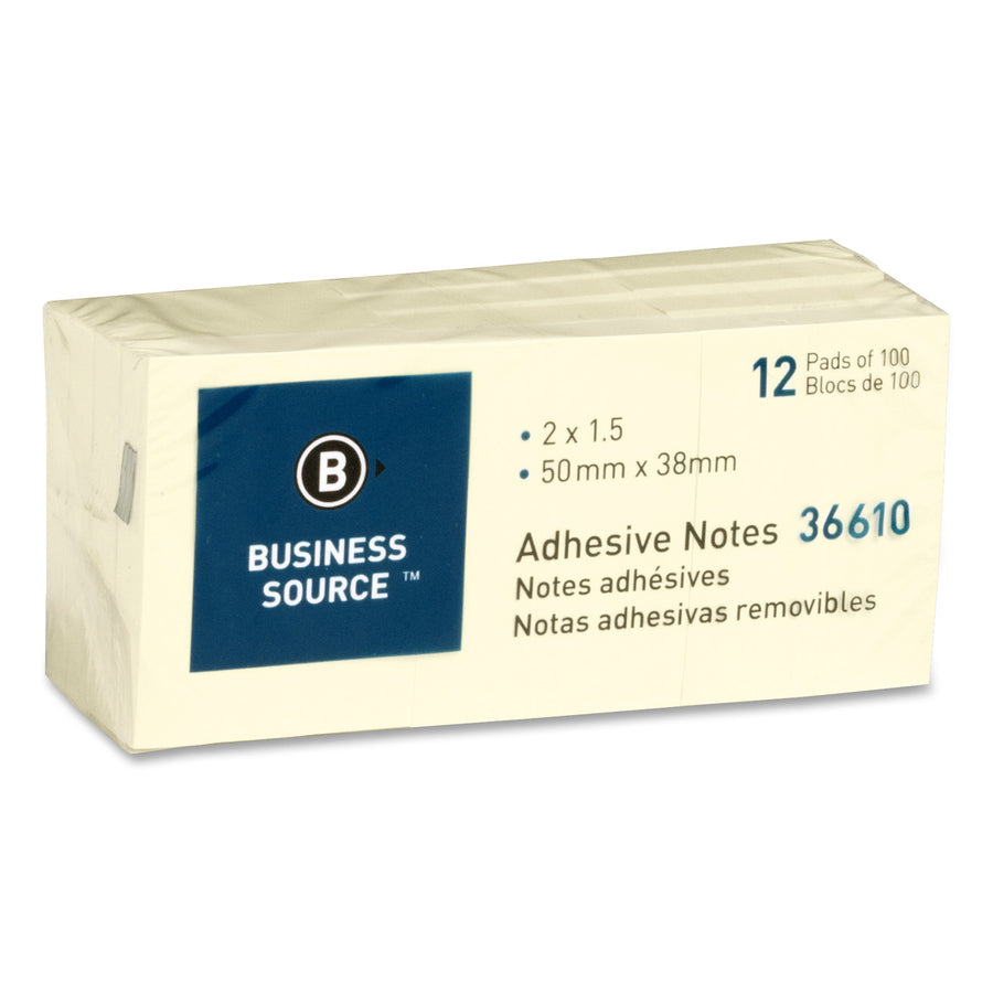 Business Source Yellow Repositionable Adhesive Notes - 1.88" x 1.38" - Rectangle - Yellow - Repositionable, Solvent-free Adhesive - 12 / Pack - 