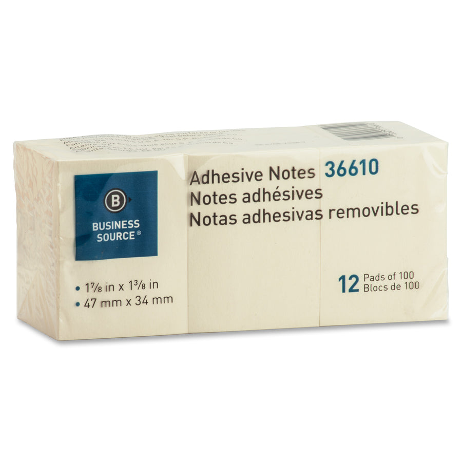 Business Source Yellow Repositionable Adhesive Notes - 1.88" x 1.38" - Rectangle - Yellow - Repositionable, Solvent-free Adhesive - 12 / Pack - 