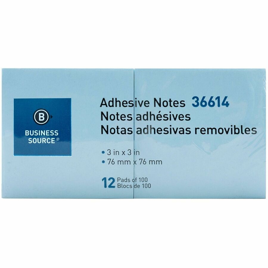 Business Source 3" Plain Pastel Colors Adhesive Notes - 100 - 3" x 3" - Square - Assorted - Repositionable, Solvent-free Adhesive - 12 / Pack