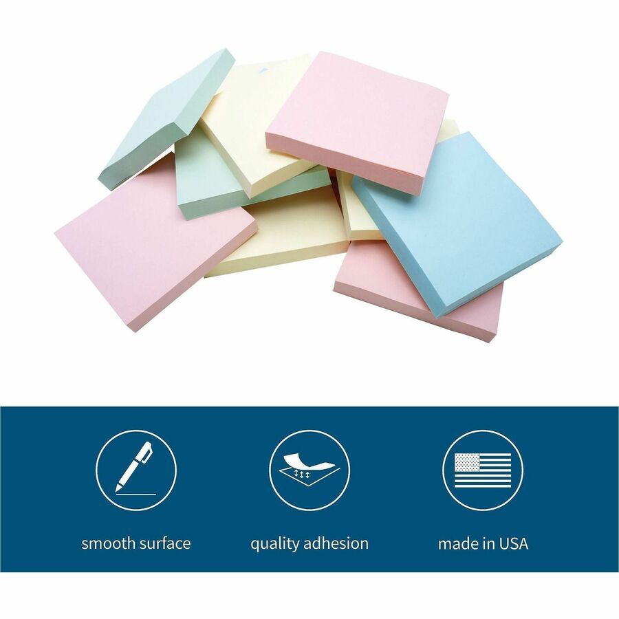 Business Source 3" Plain Pastel Colors Adhesive Notes - 100 - 3" x 3" - Square - Assorted - Repositionable, Solvent-free Adhesive - 12 / Pack