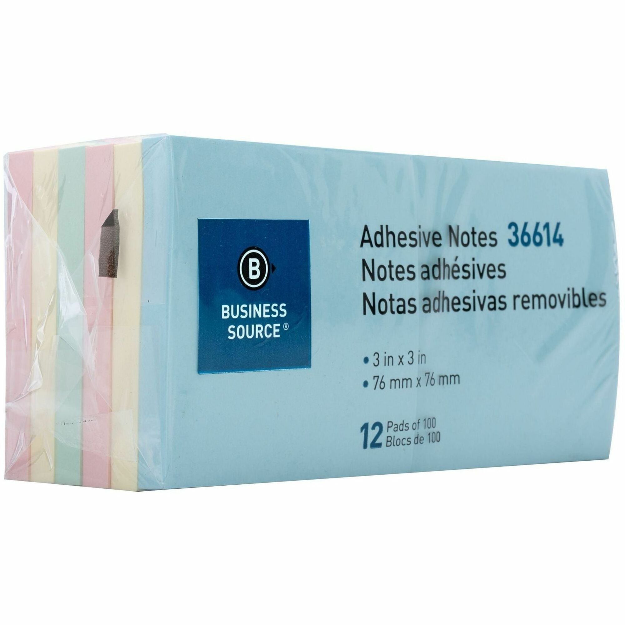Business Source 3" Plain Pastel Colors Adhesive Notes - 100 - 3" x 3" - Square - Assorted - Repositionable, Solvent-free Adhesive - 12 / Pack