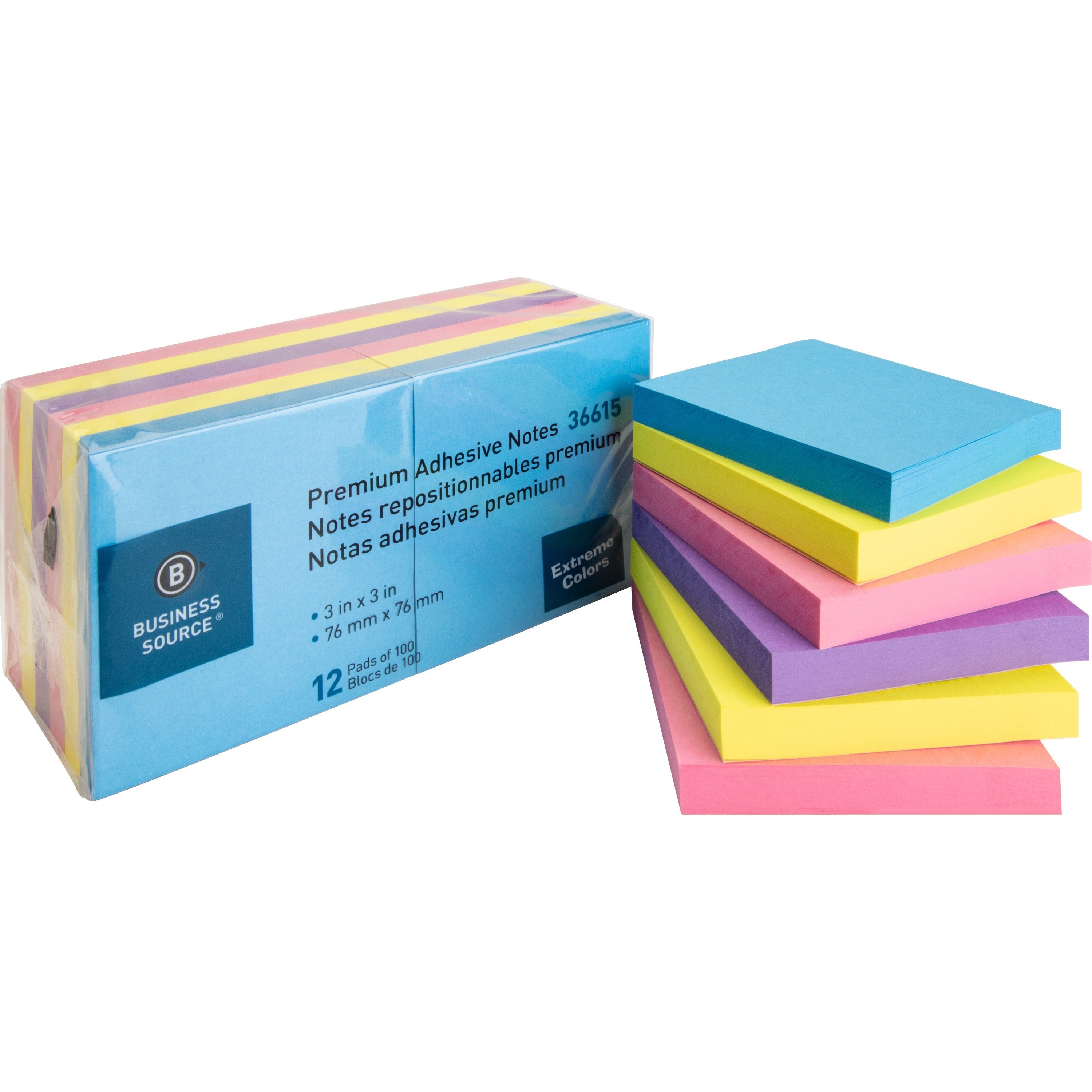 Business Source 3x3 Extreme Colors Adhesive Notes - 100 - 3" x 3" - Square - Assorted - Repositionable, Solvent-free Adhesive - 12 / Pack - 