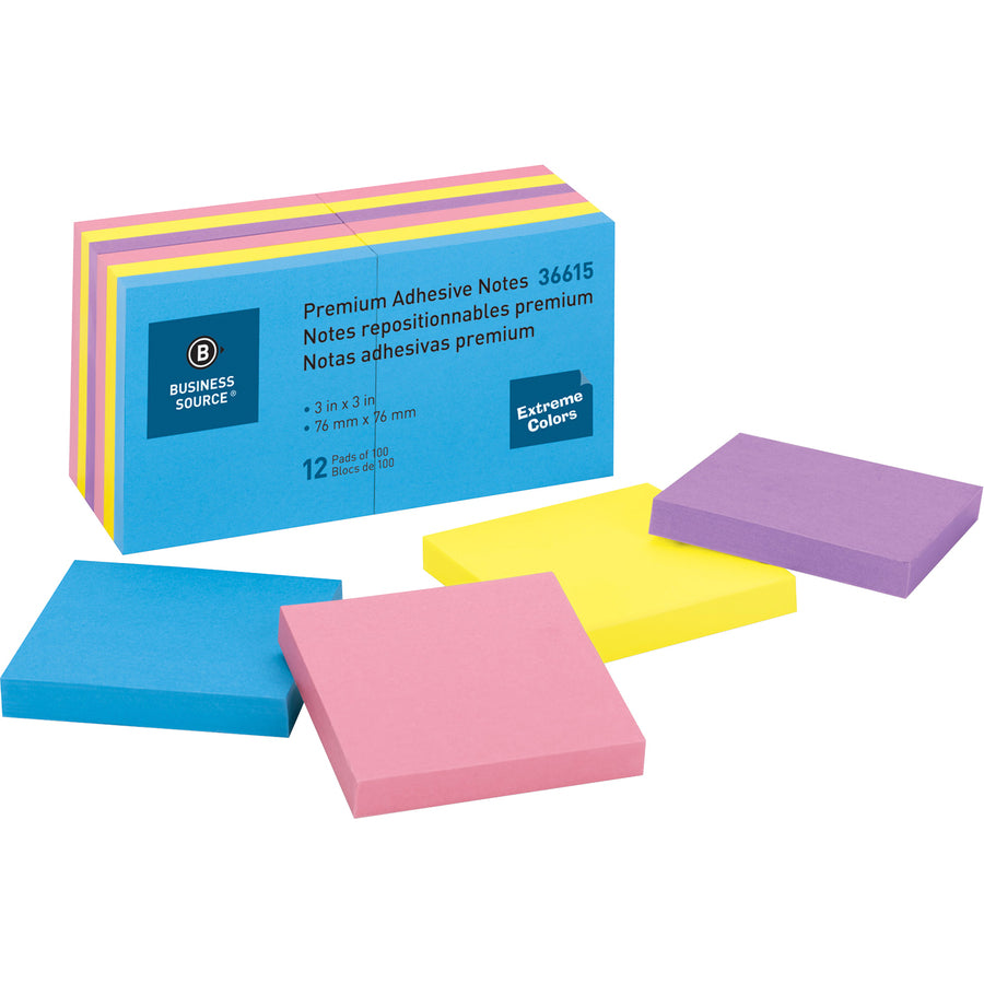 Business Source 3x3 Extreme Colors Adhesive Notes - 100 - 3" x 3" - Square - Assorted - Repositionable, Solvent-free Adhesive - 12 / Pack - 