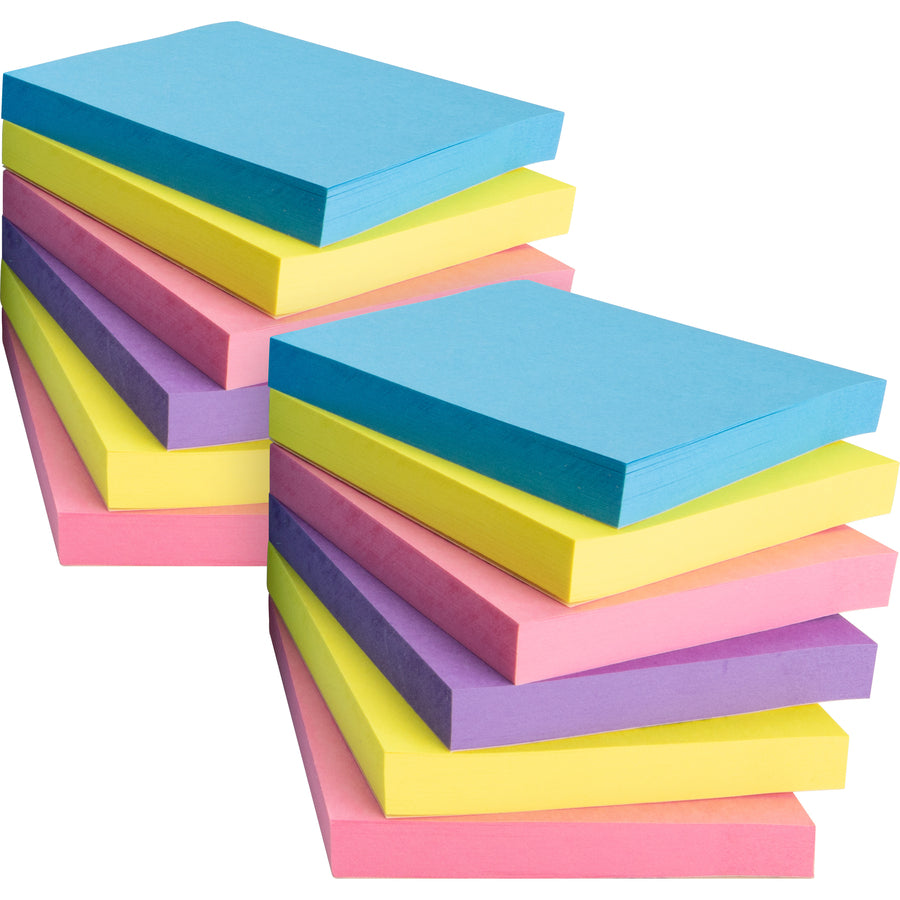 Business Source 3x3 Extreme Colors Adhesive Notes - 100 - 3" x 3" - Square - Assorted - Repositionable, Solvent-free Adhesive - 12 / Pack - 