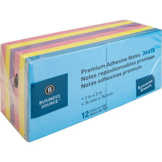 Business Source 3x3 Extreme Colors Adhesive Notes - 100 - 3" x 3" - Square - Assorted - Repositionable, Solvent-free Adhesive - 12 / Pack