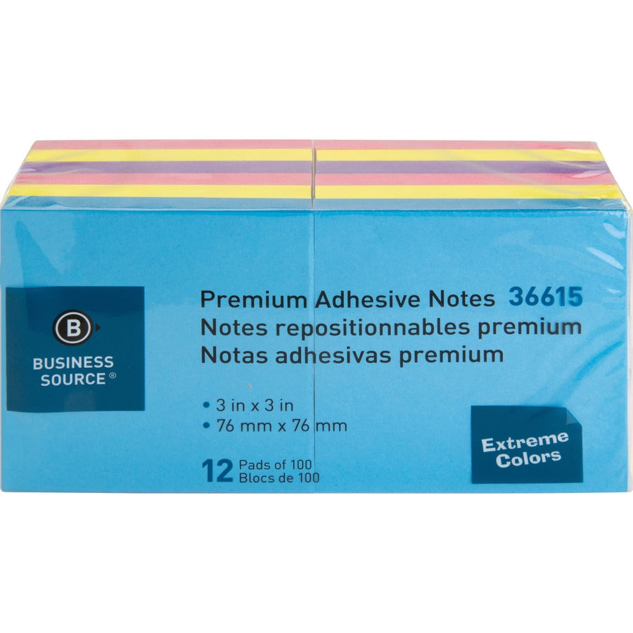 Business Source 3x3 Extreme Colors Adhesive Notes - 100 - 3" x 3" - Square - Assorted - Repositionable, Solvent-free Adhesive - 12 / Pack