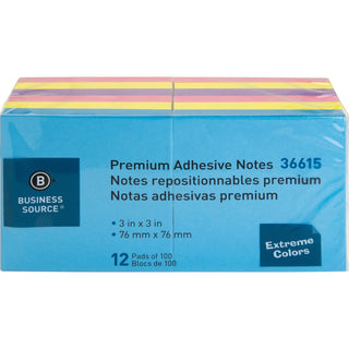 Business Source 3x3 Extreme Colors Adhesive Notes - 100 - 3" x 3" - Square - Assorted - Repositionable, Solvent-free Adhesive - 12 / Pack