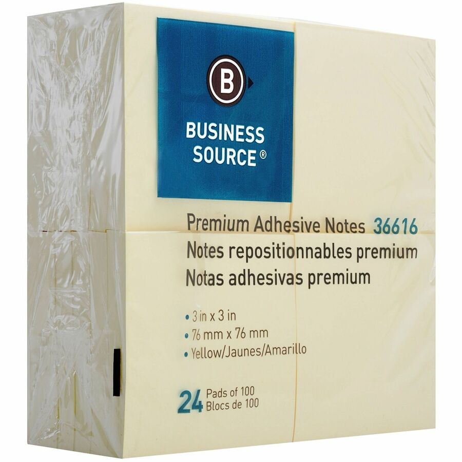 Business Source Yellow Repostionable Adhesive Notes - 3" x 3" - Square - Yellow - Repositionable, Solvent-free Adhesive - 24 / Pack