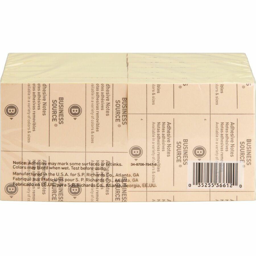 Business Source Yellow Repostionable Adhesive Notes - 3" x 3" - Square - Yellow - Repositionable, Solvent-free Adhesive - 24 / Pack