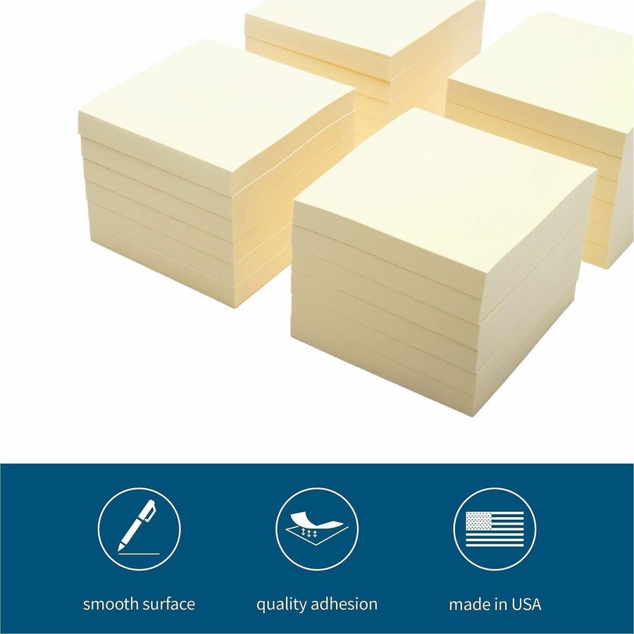 Business Source Yellow Repostionable Adhesive Notes - 3" x 3" - Square - Yellow - Repositionable, Solvent-free Adhesive - 24 / Pack