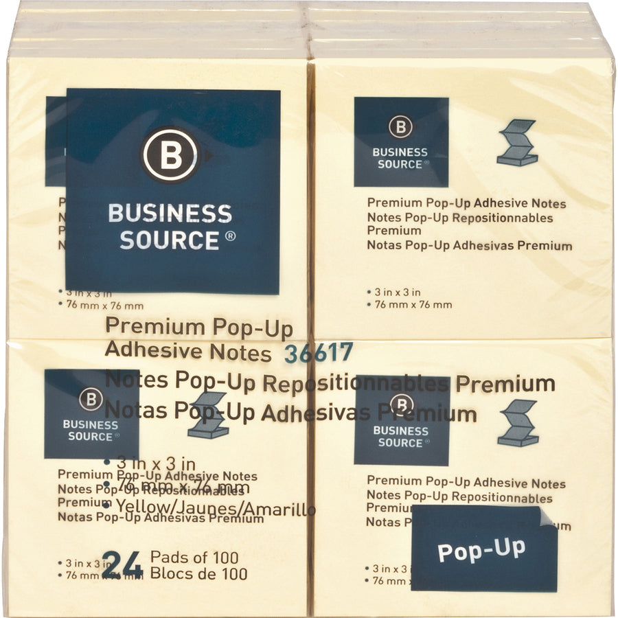 Business Source Reposition Pop-up Adhesive Notes - 3" x 3" - Square - Yellow - Removable, Repositionable, Solvent-free Adhesive, Fanfold, Pop-up - 24 / Pack - 