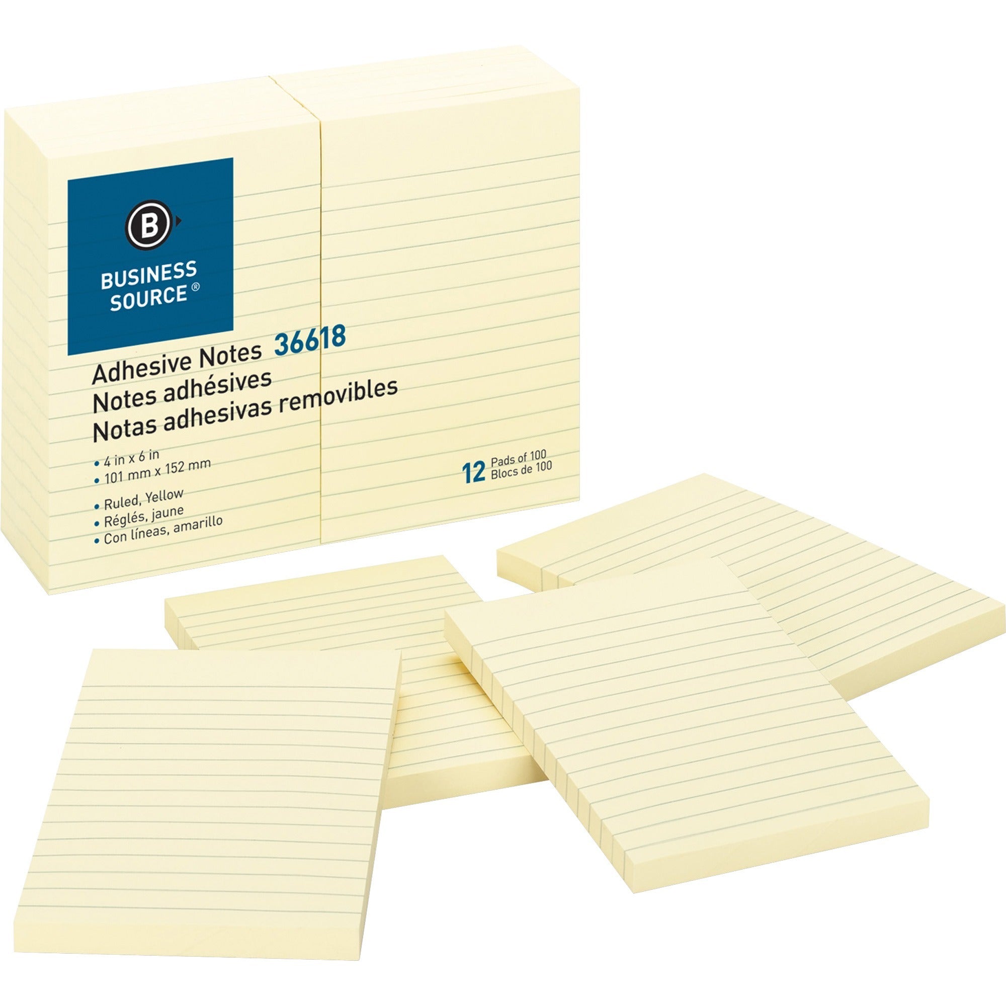 Business Source Ruled Adhesive Notes - 4" x 6" - Rectangle - Ruled - Yellow - Solvent-free Adhesive, Self-adhesive - 12 / Pack - 