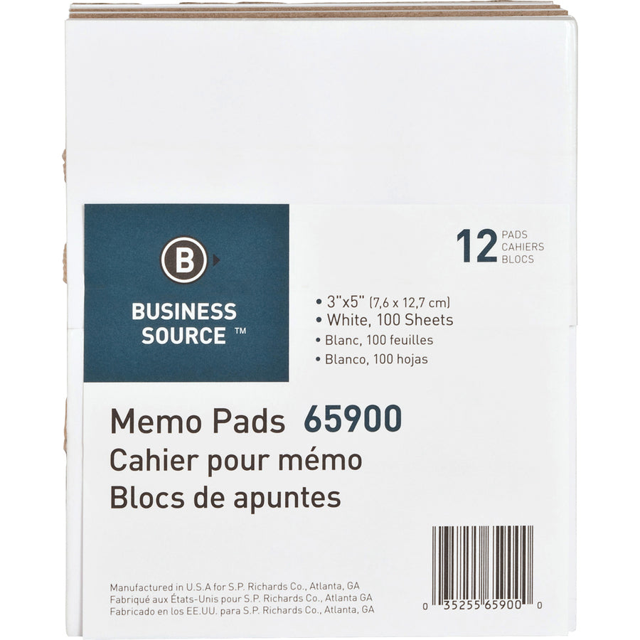 Business Source Plain Memo Pads - 100 Sheets - Plain - Glued - Unruled - 15 lb Basis Weight - 3" x 5" - White Paper - Chipboard Backing - 1 Dozen - 
