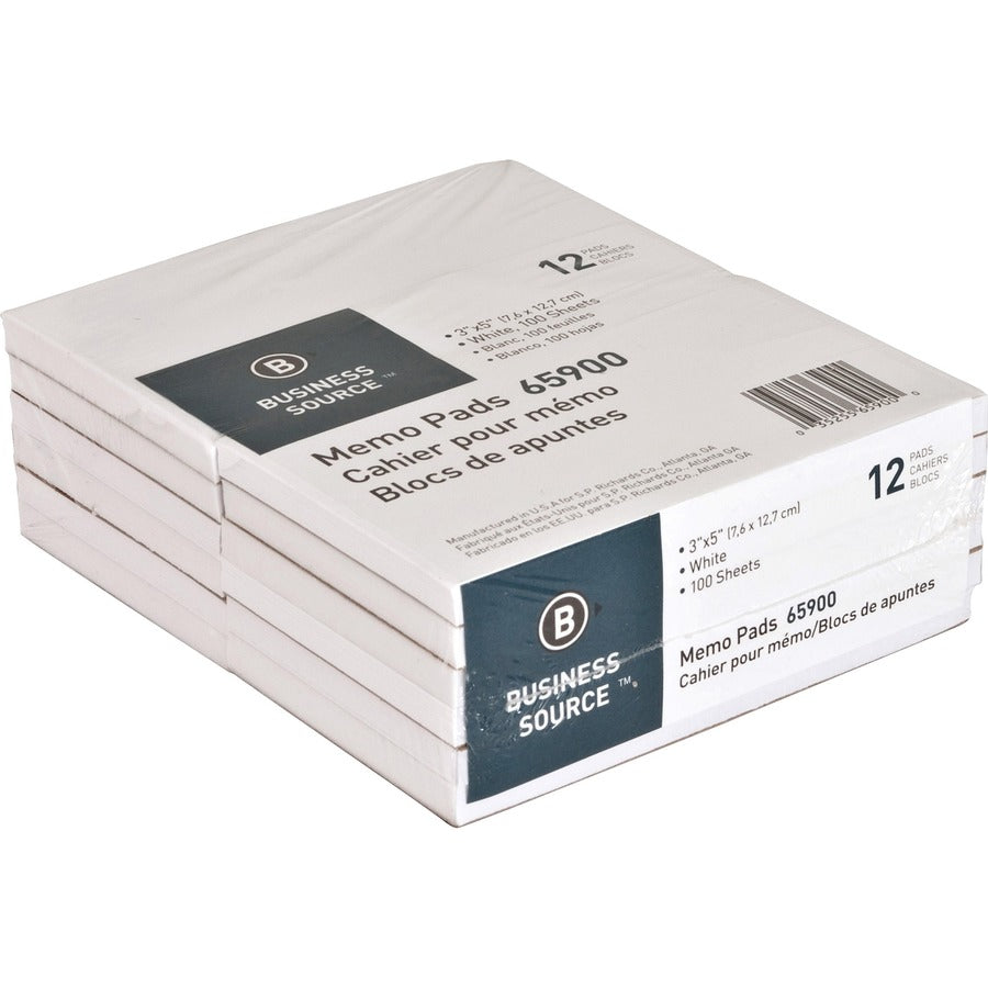 Business Source Plain Memo Pads - 100 Sheets - Plain - Glued - Unruled - 15 lb Basis Weight - 3" x 5" - White Paper - Chipboard Backing - 1 Dozen