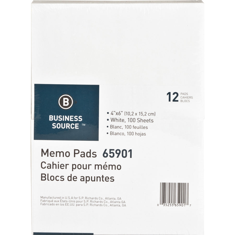 Business Source Plain Memo Pads - 100 Sheets - Plain - Glued - Unruled - 15 lb Basis Weight - 4" x 6" - White Paper - Chipboard Backing - 1 Dozen - 