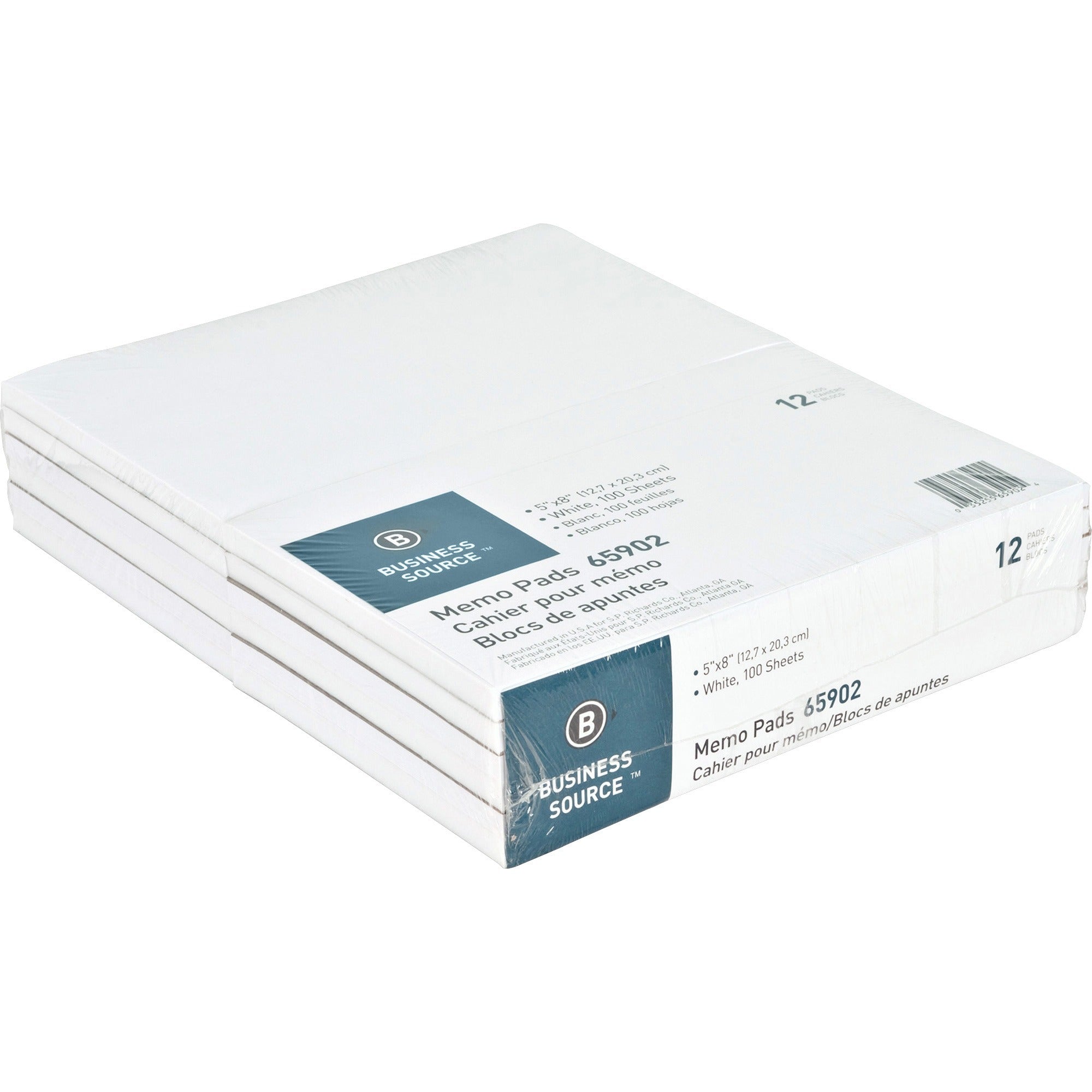Business Source Plain Memo Pads - 100 Sheets - Plain - Glue - 16 lb Basis Weight - 5" x 8" - White Paper - 12 / Dozen - 