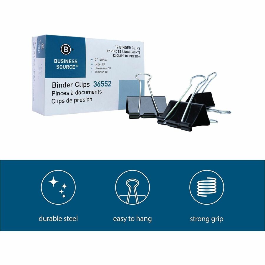 Business Source Fold-back Binder Clips - Large - 2" Length x 2" Width - 1" Size Capacity - 1Dozen - Black - Steel