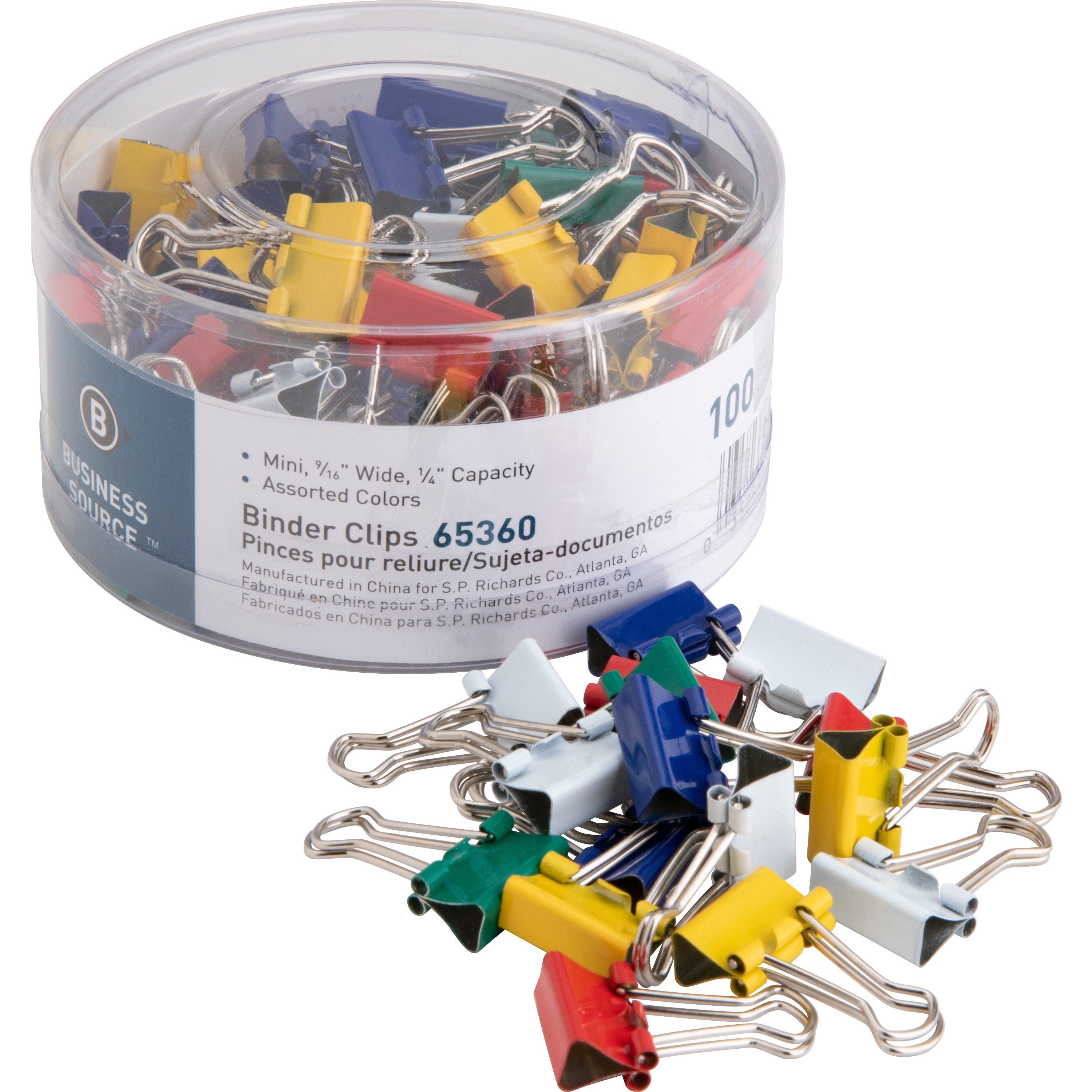 business-source-colored-fold-back-binder-clips-mini-06-width-025-size-capacity-100-pack-assorted-steel_bsn65360 - 1