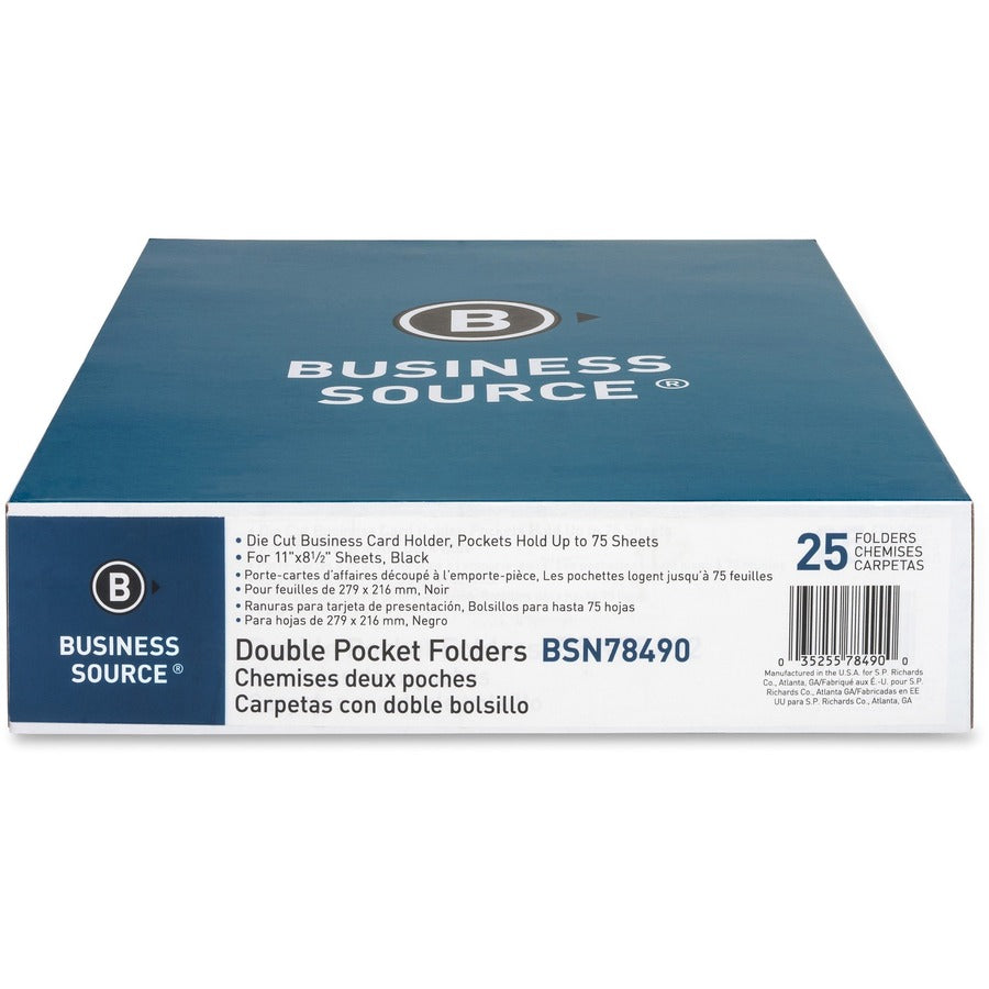 Business Source Letter Recycled Pocket Folder - 8 1/2" x 11" - 100 Sheet Capacity - 2 Inside Front & Back Pocket(s) - Paper - Black - 35% Recycled - 25 / Box