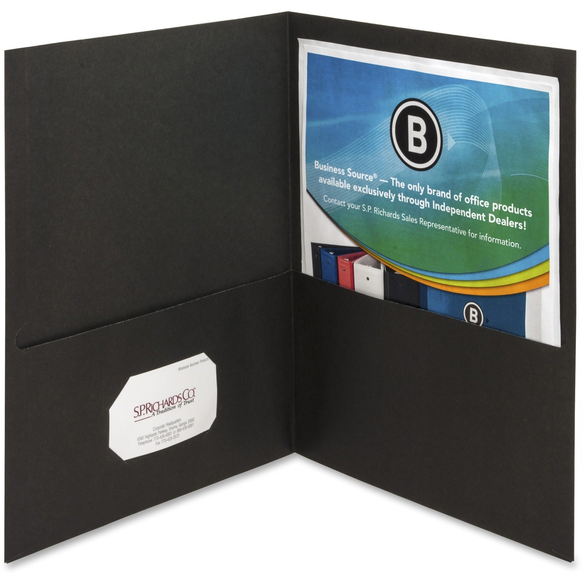 Business Source Letter Recycled Pocket Folder - 8 1/2" x 11" - 100 Sheet Capacity - 2 Inside Front & Back Pocket(s) - Paper - Black - 35% Recycled - 25 / Box - 