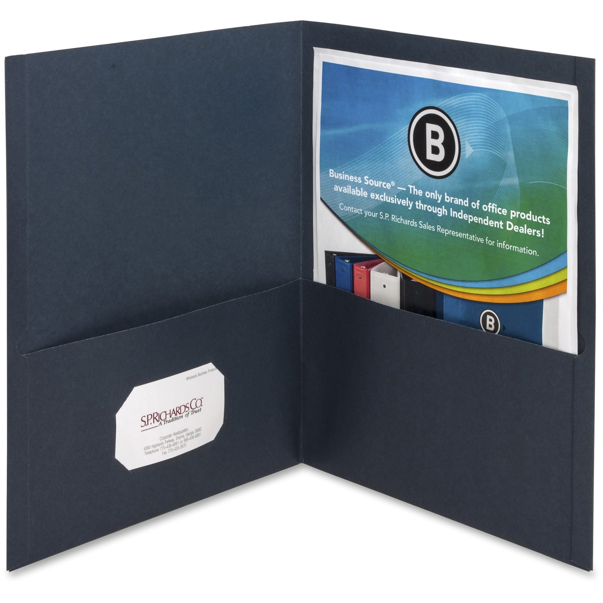 Business Source Letter Recycled Pocket Folder - 8 1/2" x 11" - 100 Sheet Capacity - 2 Inside Front & Back Pocket(s) - Paper - Dark Blue - 35% Recycled - 25 / Box - 