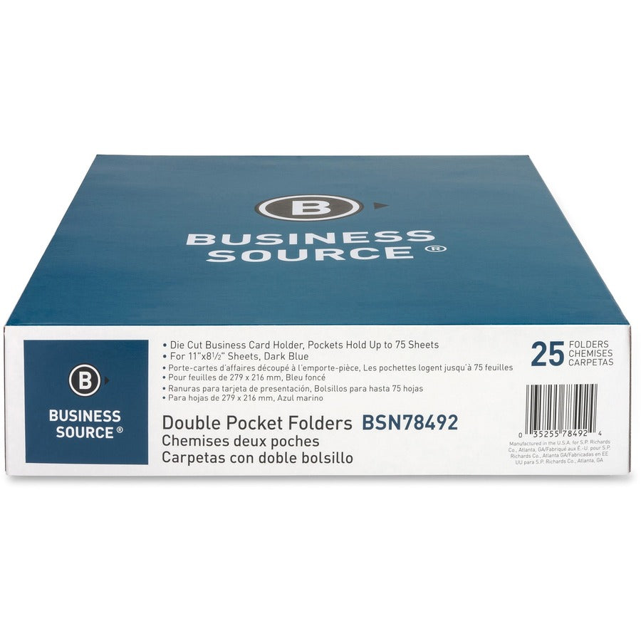 Business Source Letter Recycled Pocket Folder - 8 1/2" x 11" - 100 Sheet Capacity - 2 Inside Front & Back Pocket(s) - Paper - Dark Blue - 35% Recycled - 25 / Box