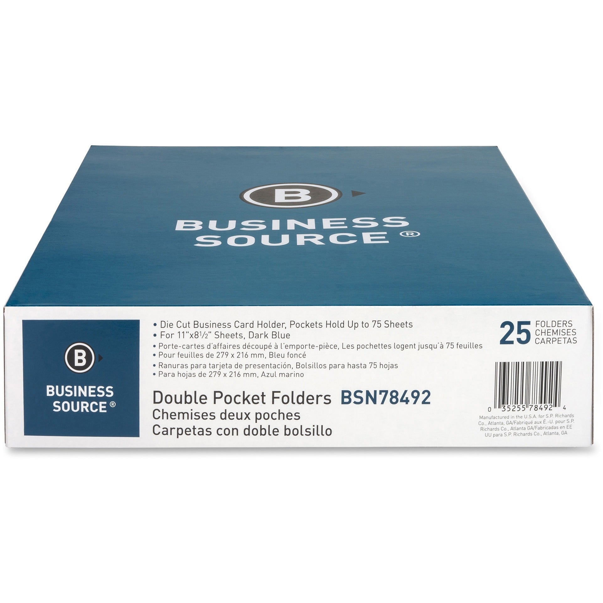 Business Source Letter Recycled Pocket Folder - 8 1/2" x 11" - 100 Sheet Capacity - 2 Inside Front & Back Pocket(s) - Paper - Dark Blue - 35% Recycled - 25 / Box - 