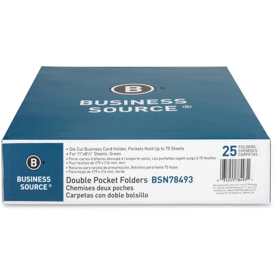 Business Source Letter Recycled Pocket Folder - 8 1/2" x 11" - 100 Sheet Capacity - 2 Inside Front & Back Pocket(s) - Paper - Green - 35% Recycled - 25 / Box