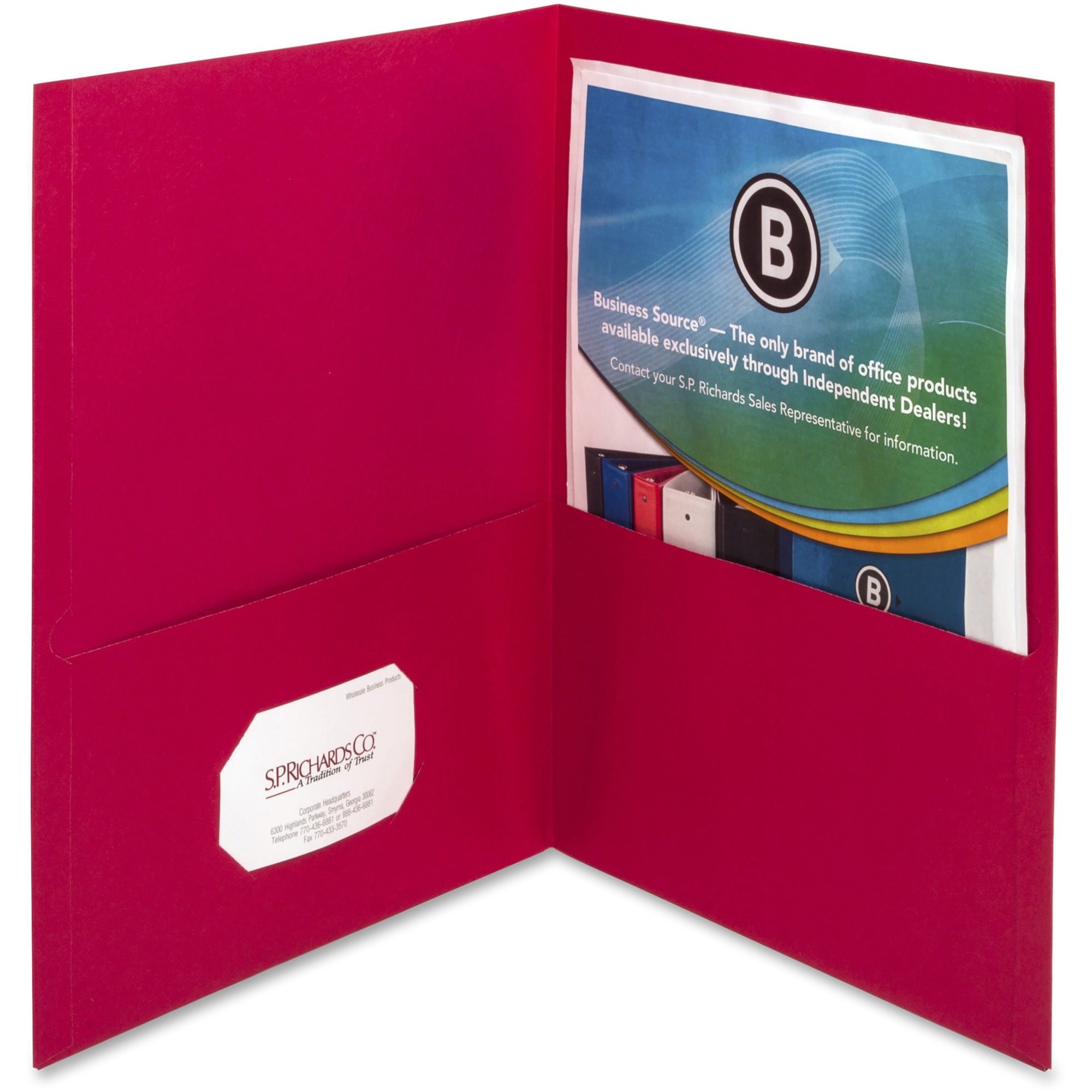 Business Source Letter Pocket Folder - 8 1/2" x 11" - 100 Sheet Capacity - 2 Inside Front & Back Pocket(s) - Paper - Red - 25 / Box - 