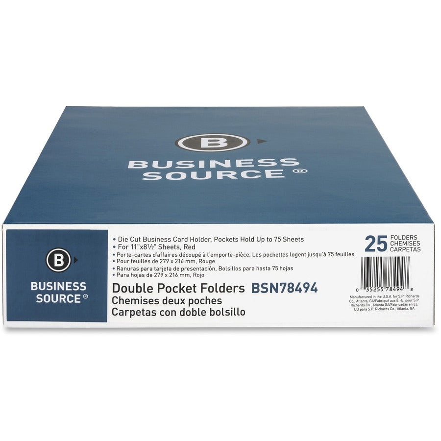 Business Source Letter Pocket Folder - 8 1/2" x 11" - 100 Sheet Capacity - 2 Inside Front & Back Pocket(s) - Paper - Red - 25 / Box