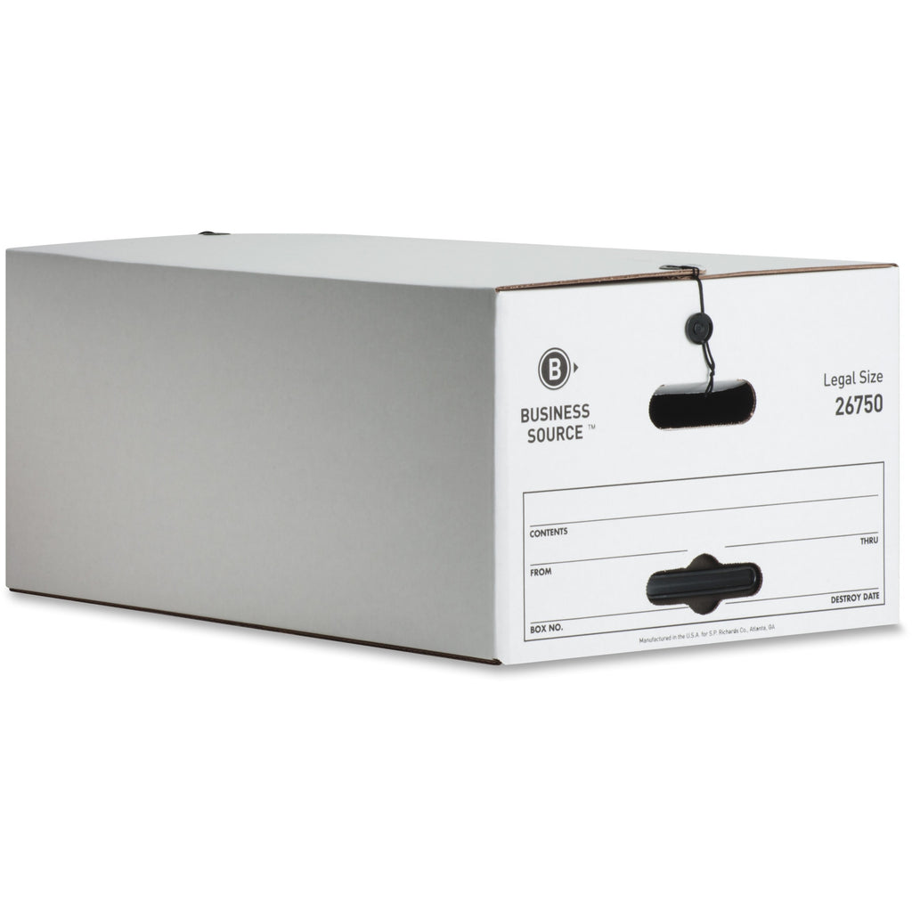 Business Source Light Duty Legal Size Storage Box - External Dimensions: 15" Width x 24" Depth x 10"Height - Media Size Supported: Legal - String/Button Tie Closure - Light Duty - Stackable - White - For File - Recycled - 12 / Carton - 