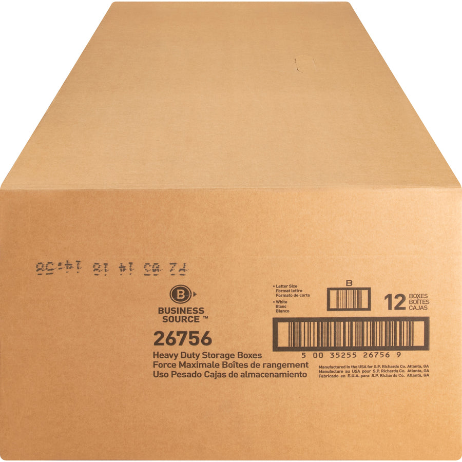 Business Source Heavy Duty Letter Size Storage Box - External Dimensions: 12" Width x 24" Depth x 10"Height - Media Size Supported: Letter - String/Button Tie Closure - Medium Duty - Stackable - White - For File - Recycled - 12 / Carton - 