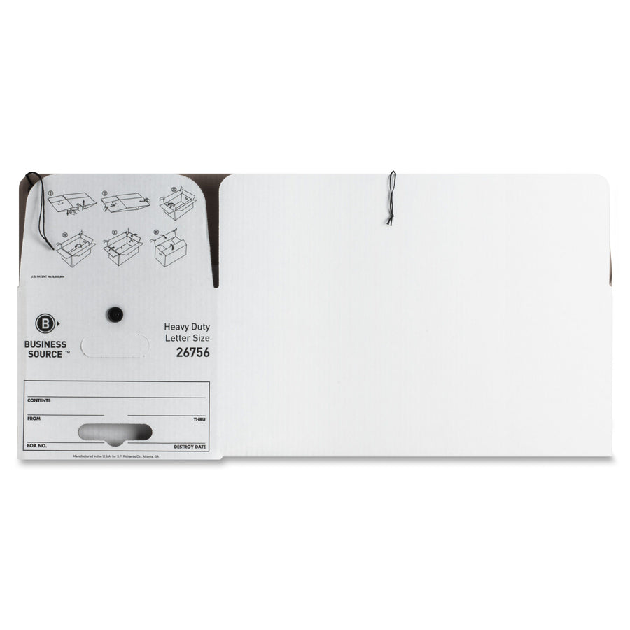 Business Source Heavy Duty Letter Size Storage Box - External Dimensions: 12" Width x 24" Depth x 10"Height - Media Size Supported: Letter - String/Button Tie Closure - Medium Duty - Stackable - White - For File - Recycled - 12 / Carton - 