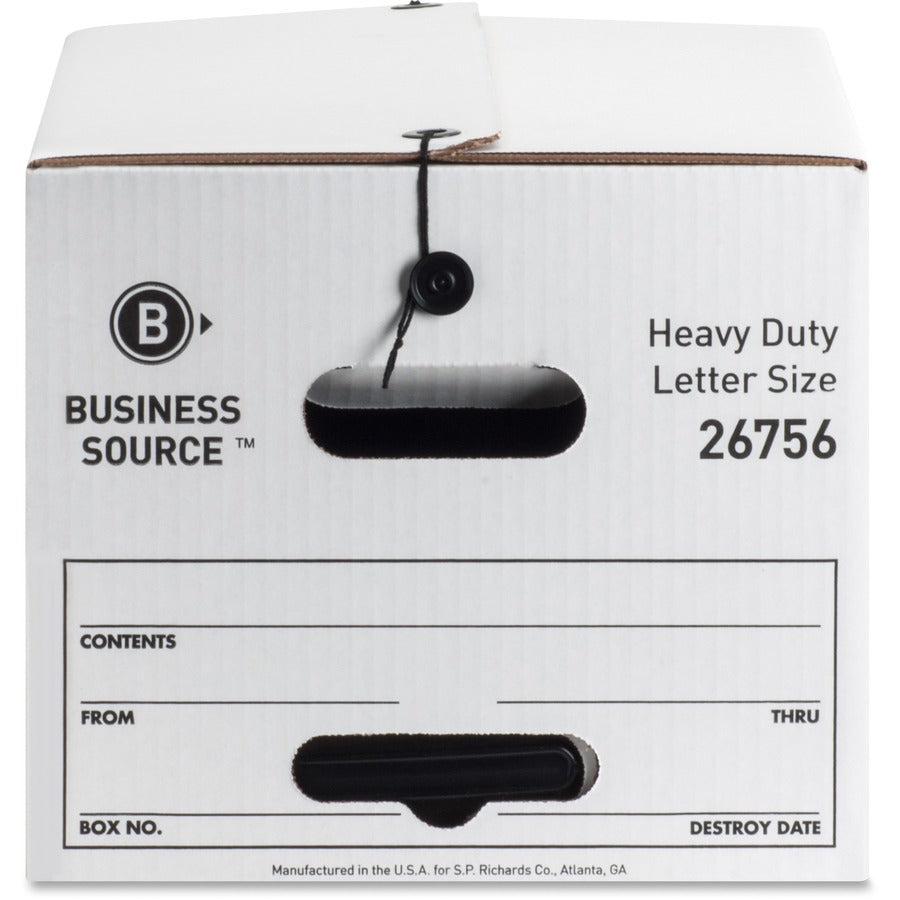 Business Source Heavy Duty Letter Size Storage Box - External Dimensions: 12" Width x 24" Depth x 10"Height - Media Size Supported: Letter - String/Button Tie Closure - Medium Duty - Stackable - White - For File - Recycled - 12 / Carton