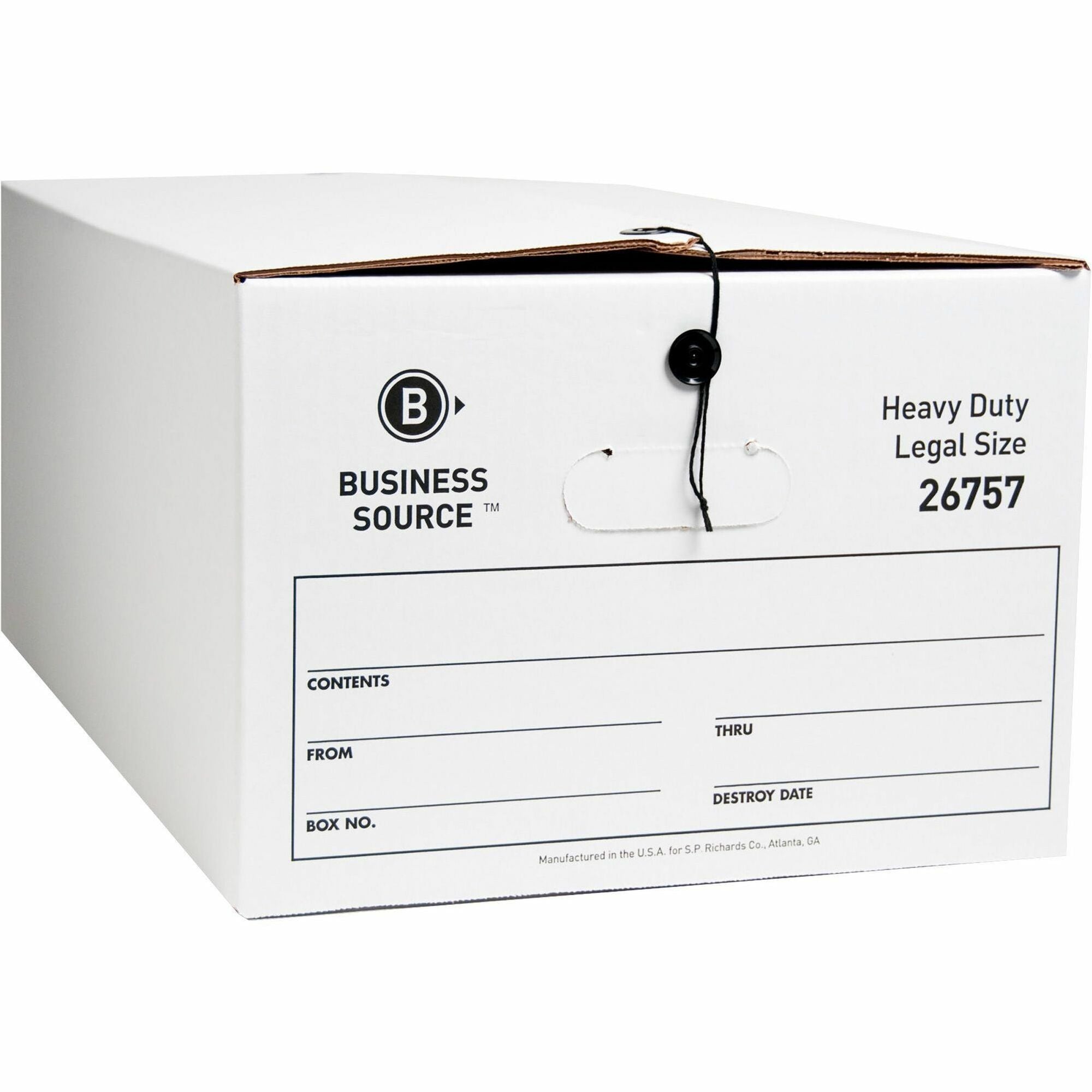 Business Source Heavy Duty Legal Size Storage Box - External Dimensions: 15" Width x 24" Depth x 10"Height - Media Size Supported: Legal - String/Button Tie Closure - Medium Duty - Stackable - White - For File - Recycled - 12 / Carton - 