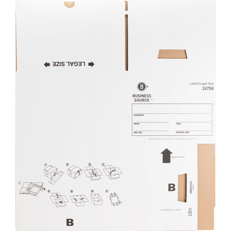 Business Source Lift-off Lid Heavy-Duty Storage Box - External Dimensions: 12" Width x 15" Depth x 10"Height - Media Size Supported: Legal, Letter - Lift-off Closure - Heavy Duty - Stackable - Cardboard - White - For File - Recycled - 12 / Carton - 
