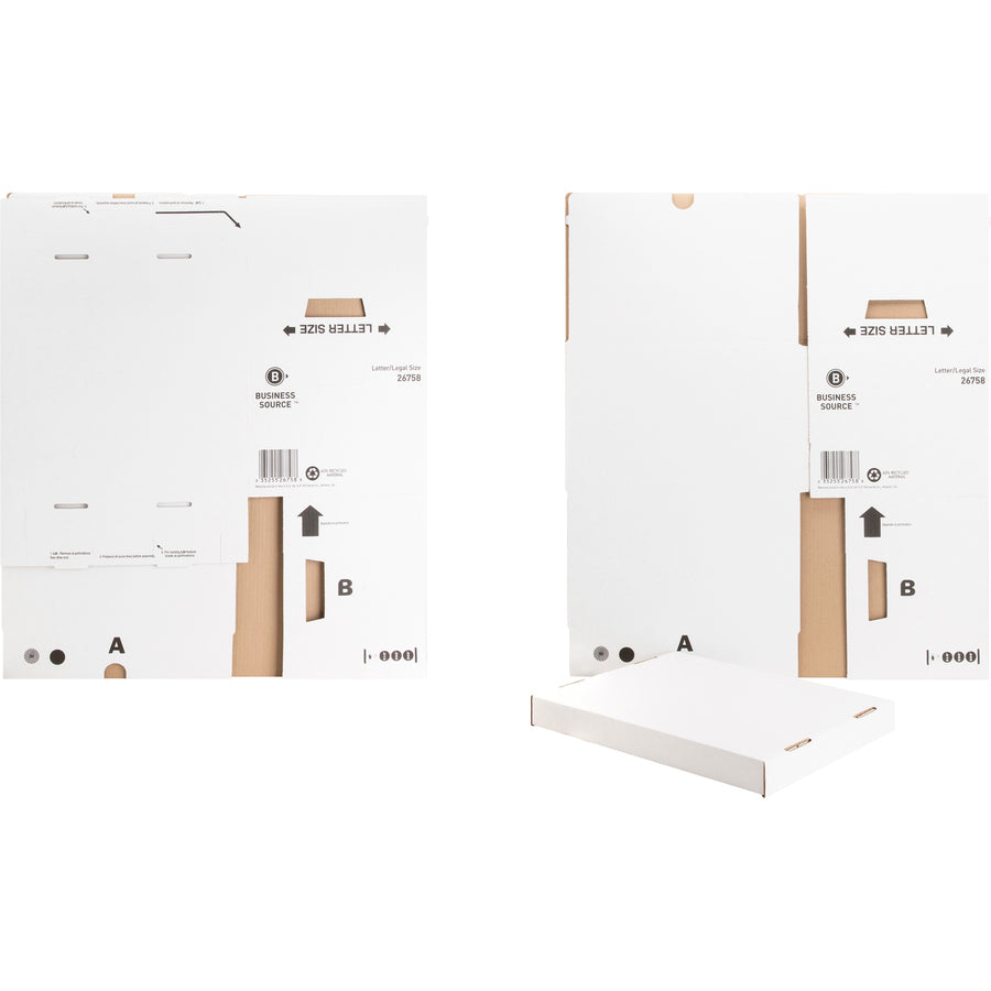 Business Source Lift-off Lid Heavy-Duty Storage Box - External Dimensions: 12" Width x 15" Depth x 10"Height - Media Size Supported: Legal, Letter - Lift-off Closure - Heavy Duty - Stackable - Cardboard - White - For File - Recycled - 12 / Carton - 