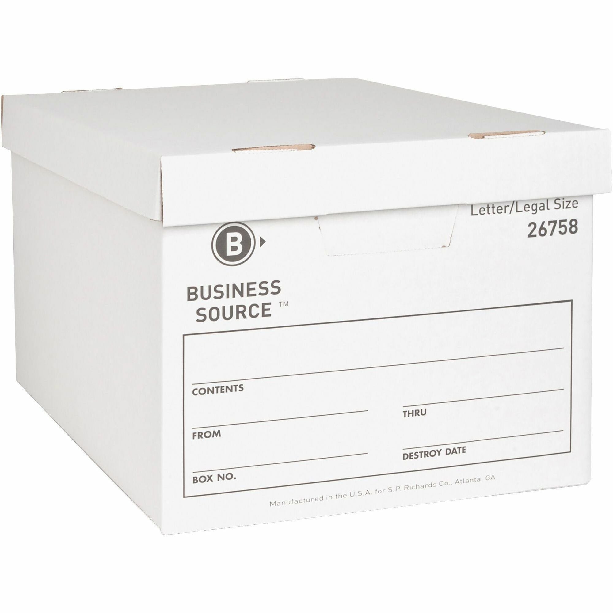 Business Source Lift-off Lid Heavy-Duty Storage Box - External Dimensions: 12" Width x 15" Depth x 10"Height - Media Size Supported: Legal, Letter - Lift-off Closure - Heavy Duty - Stackable - Cardboard - White - For File - Recycled - 12 / Carton - 