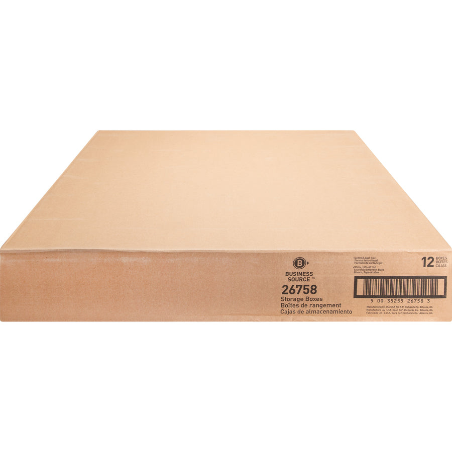 Business Source Lift-off Lid Heavy-Duty Storage Box - External Dimensions: 12" Width x 15" Depth x 10"Height - Media Size Supported: Legal, Letter - Lift-off Closure - Heavy Duty - Stackable - Cardboard - White - For File - Recycled - 12 / Carton - 