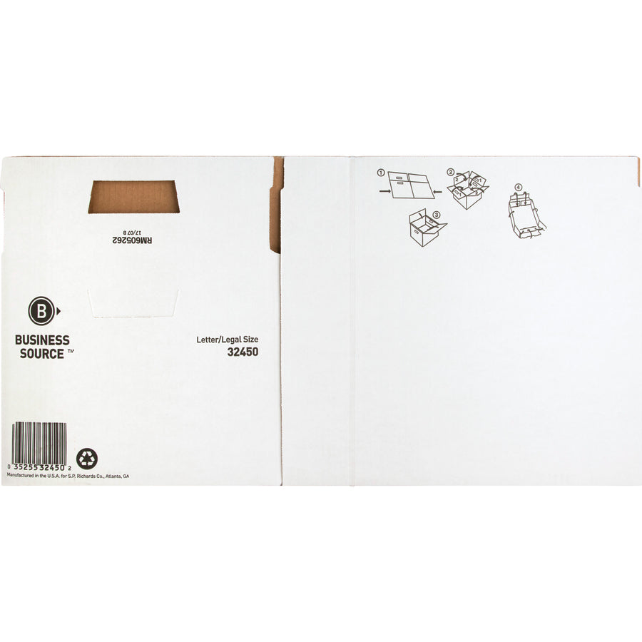 Business Source Quick Setup Medium-Duty Storage Box - External Dimensions: 12" Width x 15" Depth x 10"Height - Media Size Supported: Legal, Letter - Lift-off Closure - Medium Duty - Stackable - White - For File - Recycled - 12 / Carton - 