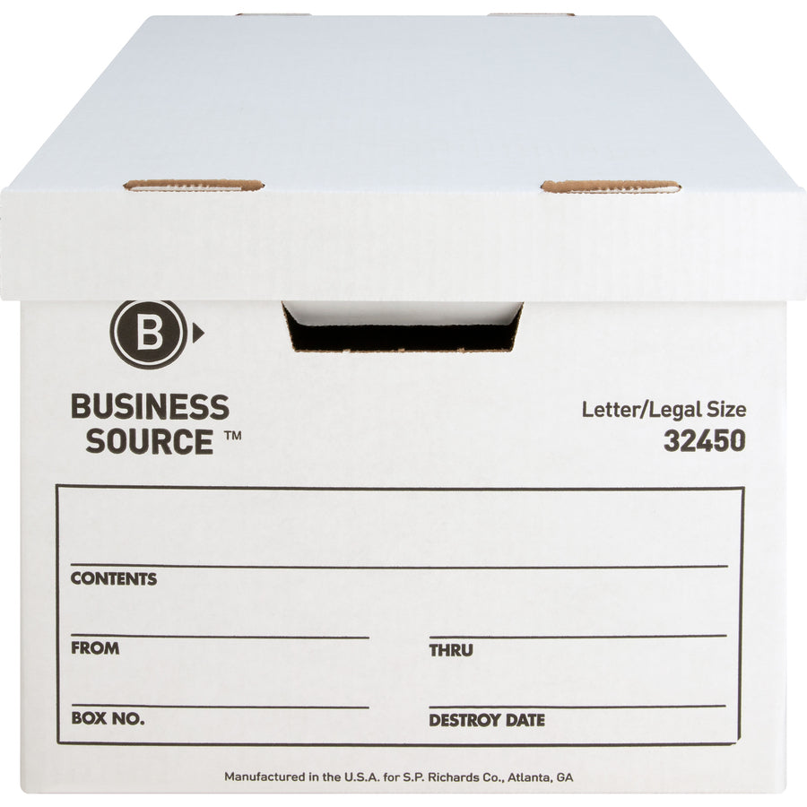 Business Source Quick Setup Medium-Duty Storage Box - External Dimensions: 12" Width x 15" Depth x 10"Height - Media Size Supported: Legal, Letter - Lift-off Closure - Medium Duty - Stackable - White - For File - Recycled - 12 / Carton - 