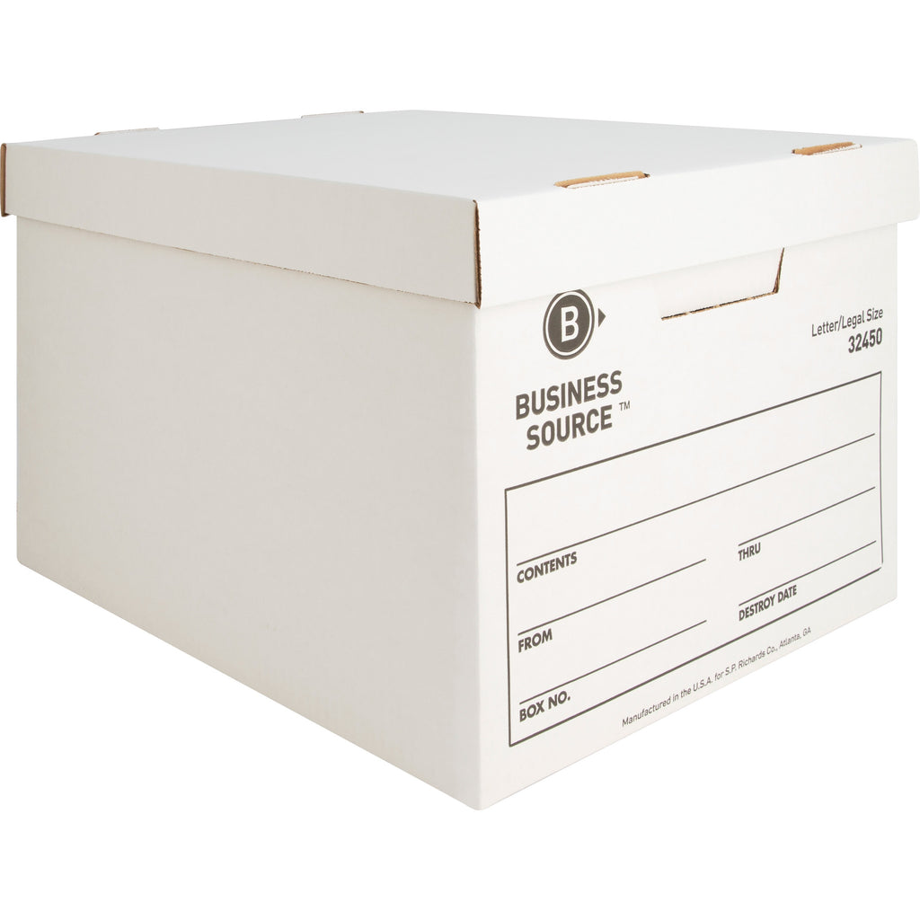 Business Source Quick Setup Medium-Duty Storage Box - External Dimensions: 12" Width x 15" Depth x 10"Height - Media Size Supported: Legal, Letter - Lift-off Closure - Medium Duty - Stackable - White - For File - Recycled - 12 / Carton - 
