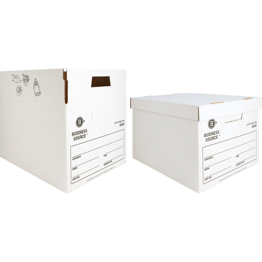 Business Source Quick Setup Medium-Duty Storage Box - External Dimensions: 12" Width x 15" Depth x 10"Height - Media Size Supported: Legal, Letter - Lift-off Closure - Medium Duty - Stackable - White - For File - Recycled - 12 / Carton - 
