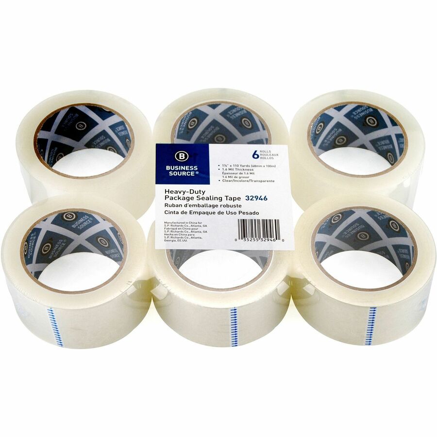 Business Source Heavy-duty Packaging/Sealing Tape - 110 yd Length x 1.88" Width - 3" Core - 1.60 mil - Breakage Resistance - For Bonding, Packing - 6 / Pack - Clear