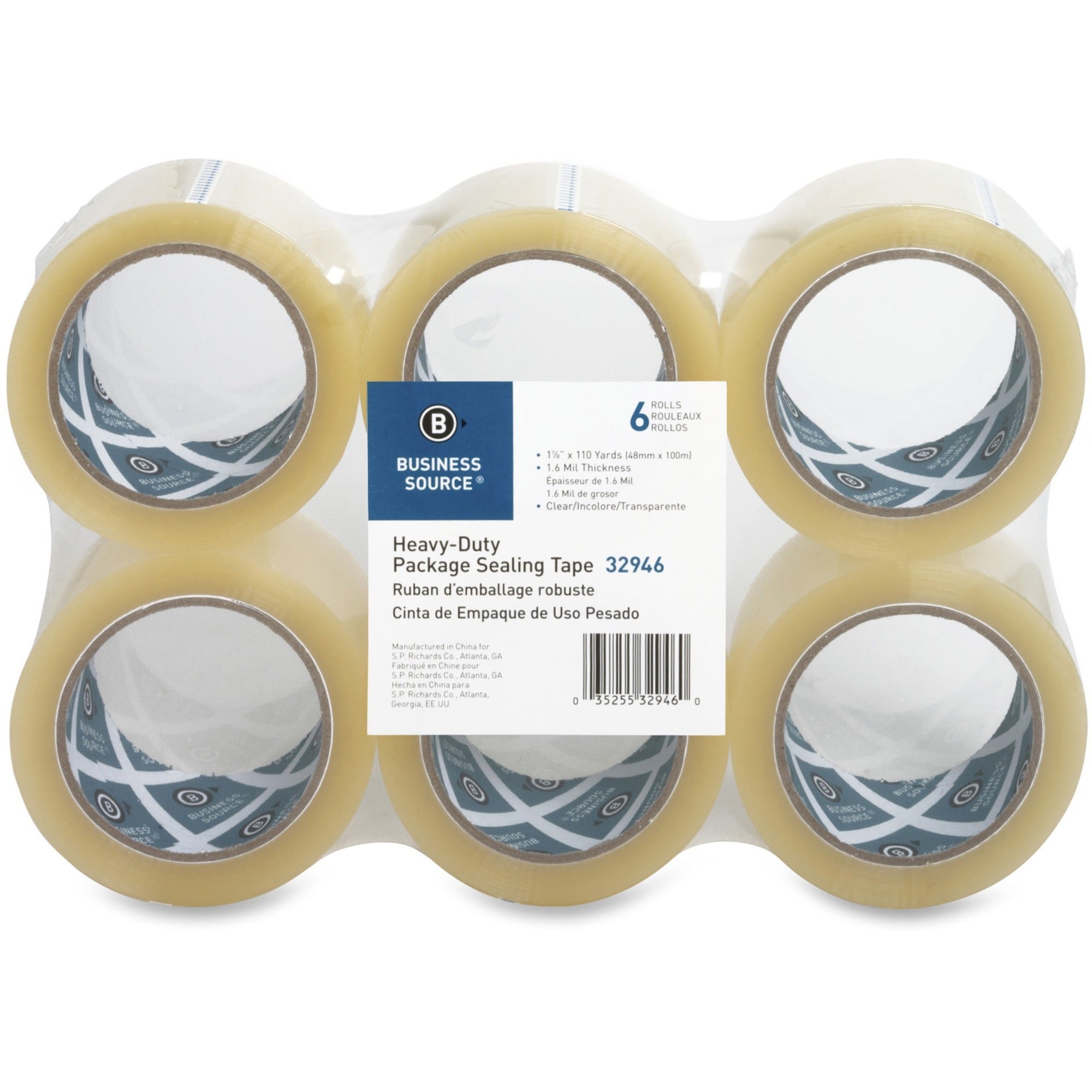 Business Source Heavy-duty Packaging/Sealing Tape - 110 yd Length x 1.88" Width - 3" Core - 1.60 mil - Breakage Resistance - For Bonding, Packing - 6 / Pack - Clear - 