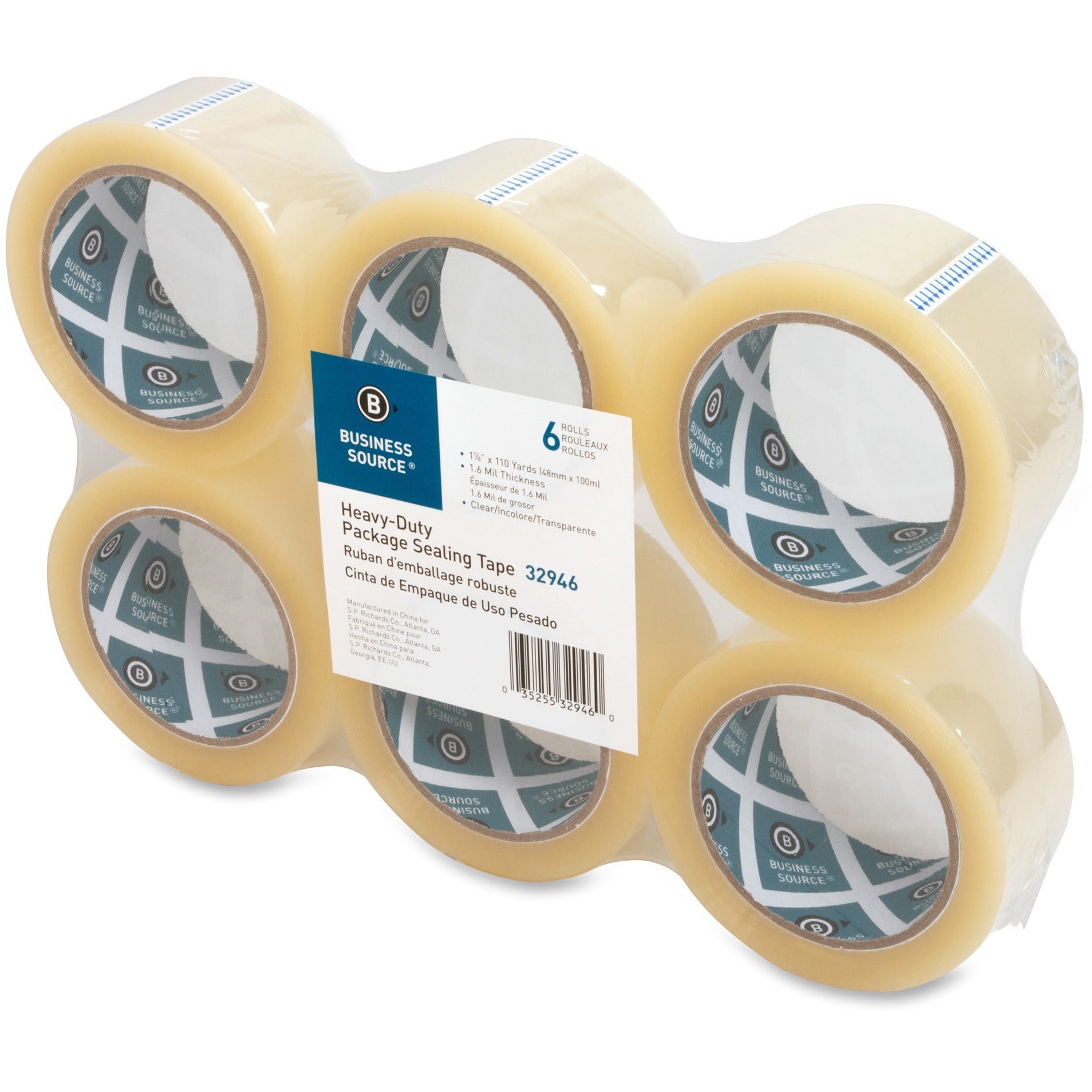 Business Source Heavy-duty Packaging/Sealing Tape - 110 yd Length x 1.88" Width - 3" Core - 1.60 mil - Breakage Resistance - For Bonding, Packing - 6 / Pack - Clear - 