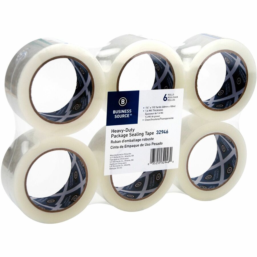 Business Source Heavy-duty Packaging/Sealing Tape - 110 yd Length x 1.88" Width - 3" Core - 1.60 mil - Breakage Resistance - For Bonding, Packing - 6 / Pack - Clear