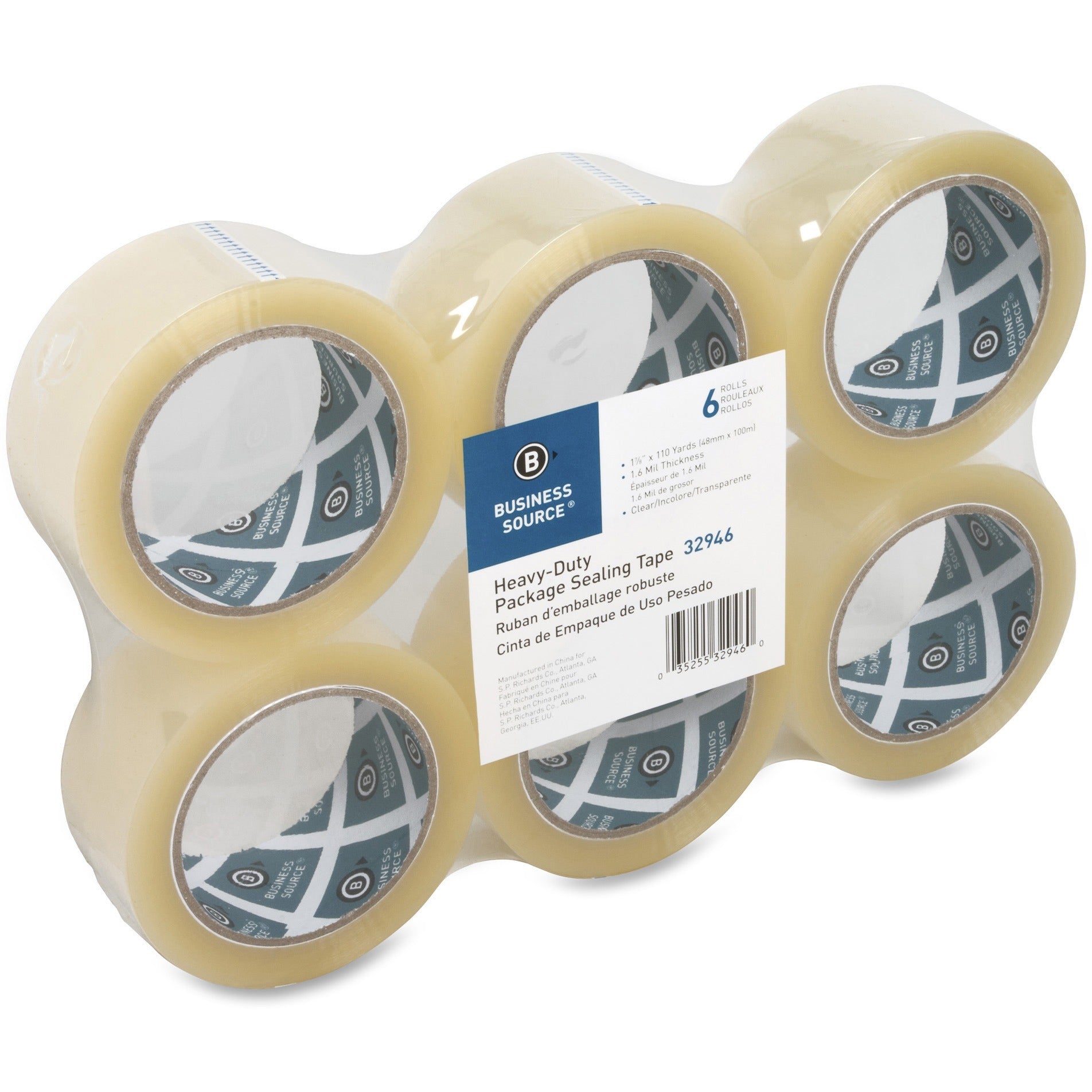 Business Source Heavy-duty Packaging/Sealing Tape - 110 yd Length x 1.88" Width - 3" Core - 1.60 mil - Breakage Resistance - For Bonding, Packing - 6 / Pack - Clear - 